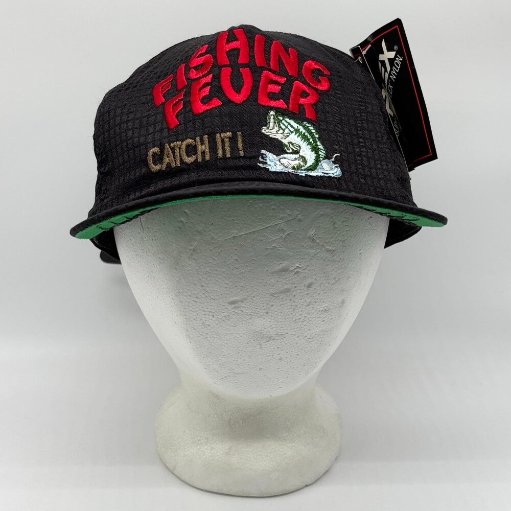 Vintage Supplex Fishing Fever Strapback Hat NWT DEADSTOCK Black Nylon USA